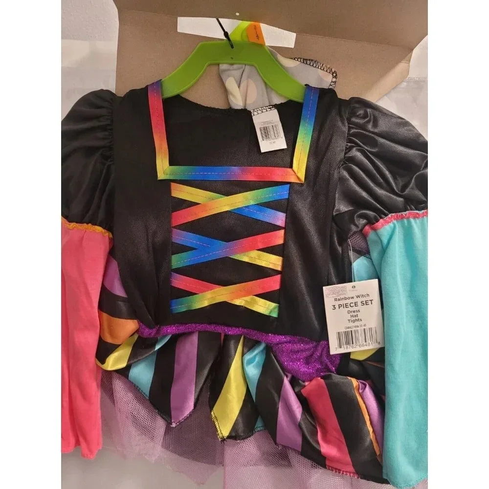 GIRLS 2T 3 PIECE -RAINBOW WITCH HALLOWEEN COSTUME- INCLUDES DRESS HAT TIGHTS NEW